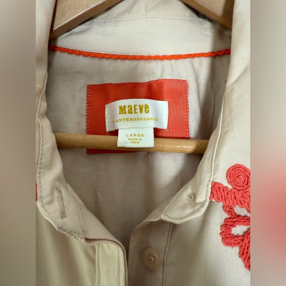 Maeve Anthropologie Embroidered Shirt Dress Utility Safari Style Tan Coral Large - Picture 11 of 15